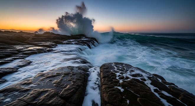 Coastal waves crashing over dark rocks at sunset