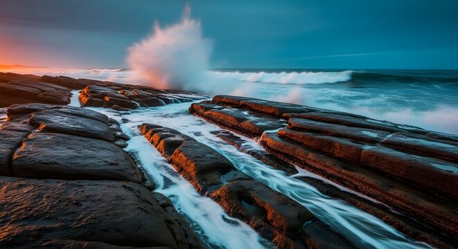 Coastal waves rushing over wet, dark tide pools