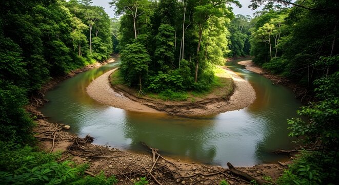 Curved river winding through lush tropical forest waterway