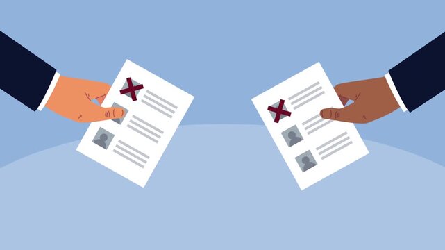 Animation of interracial hands holding election voting papers with cross marks on blue background.