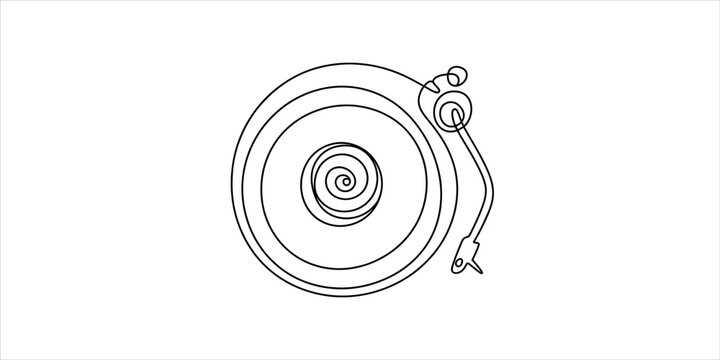 Minimalist continuous single line drawing of a retro vinyl record player turntable playing music with a classic needle arm in a simple creative style Vector, illustration