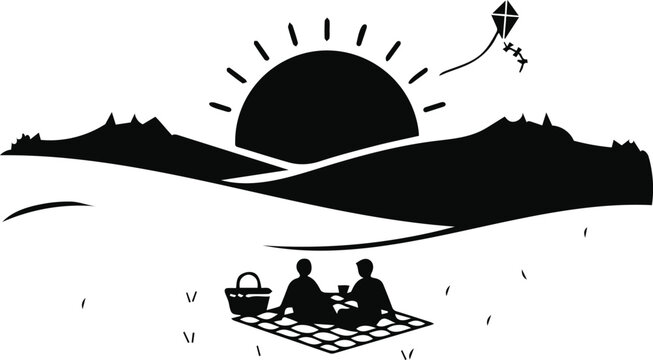 Couple on picnic at sunset with kite flying