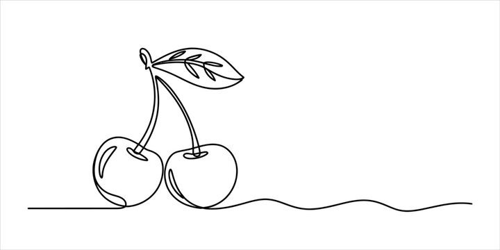 Continuous single line drawing of two fresh cherries with a small leaf hanging from a stem in a minimalist artistic style for creative design work Vector, illustration