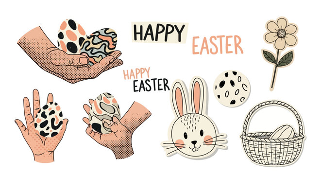 Modern Retro Easter Holiday Art Collage Set Featuring Vintage Magazine Cutout Shapes Creative Mixed Media Design With Halftone Texture Paper Clipping Elements Vibrant Pop Style Composition
