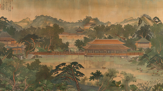 Song Dynasty Chinese landscape painting ancient village with lotus pond trees towers bridges water bamboo rice fields intricate detailed style green yellow red gold colors bird eye view foreground exc