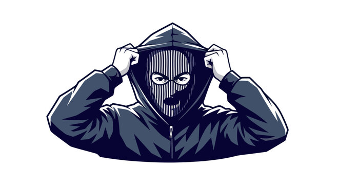 Criminal wearing ski mask and hoodie, ready for crime, menacing look