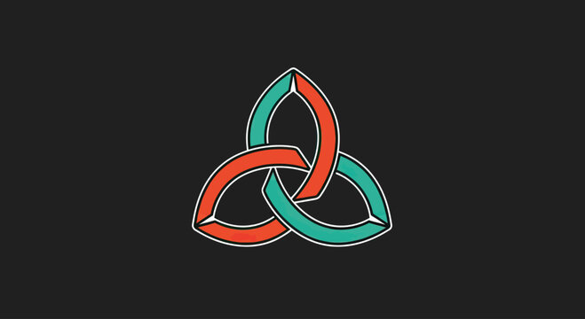 A red and teal triquetra knot with a white outline on black