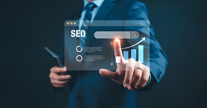 Man interacting with a virtual SEO search bar and analytics graph, concept of search engine optimization.