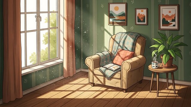 Cozy living room with armchair and plant.