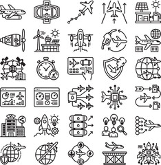 Obraz premium Hydrogen-Powered Aviation Line Icons Set – 30 Minimal Black Outline Vector Icons for Zero Emission Aircraft, Clean Hydrogen Flight & Sustainable Aerospace Technology