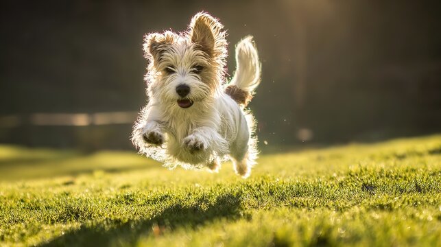 Jack Russell terrier mid-motion in sunny field, flying fur, golden hour light, dynamic energetic pet action