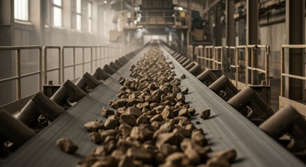 Obraz premium conveyor belt transporting rock aggregate in industrial mining facility interior