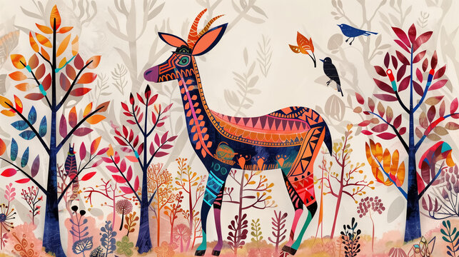 Colorful folk art illustration of a stylized deer-like animal standing in a whimsical forest surrounded by decorative trees, birds, and floral elements