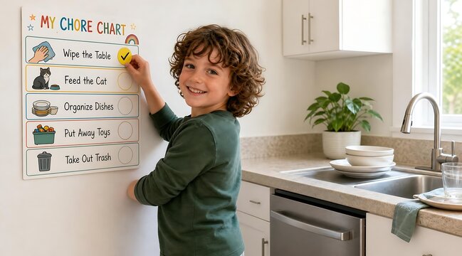 Happy child using morning chore chart for independent daily routine