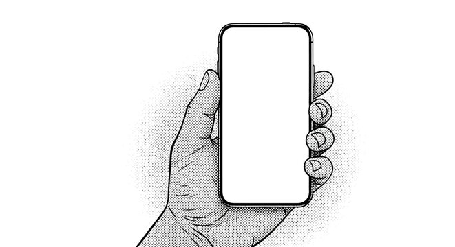 Halftone pop art illustration of human hand holding modern smartphone with blank vertical display screen mockup template for creative mobile application interface presentation design.
