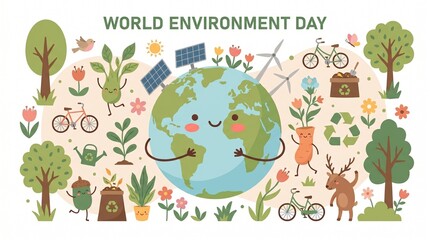 Naklejka premium Cute World Environment Day Earth Cartoon Flat Vector Illustration