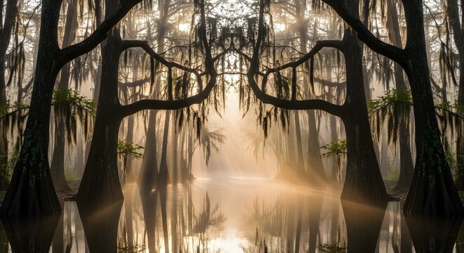 Atmospheric Southern Swamp Forest Sunrise Through Spanish Moss Trees