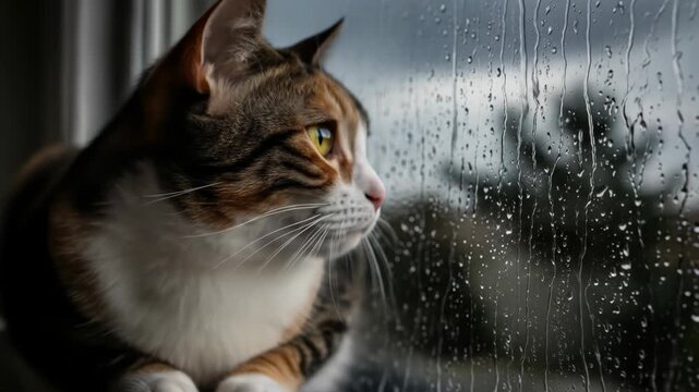 Calico Cat Gazing Longingly Out Window on Rainy Day, Capturing Serene Indoor Scene.