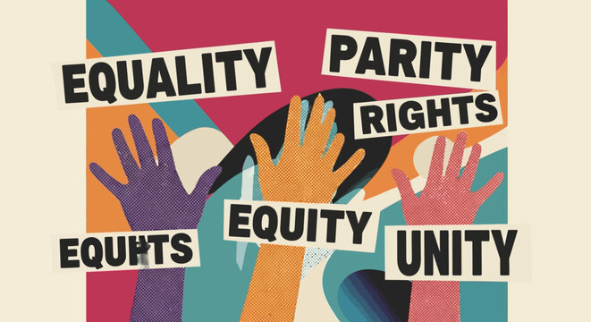 Artistic collage representing gender equality with diverse male and female hands forming a horizontal equal sign symbol to advocate for social justice parity human rights and fair equity.
