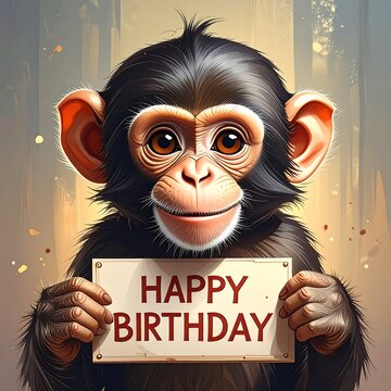A digital illustration of a cheerful chimpanzee holding a birthday sign
