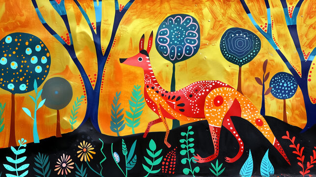 lively kangaroo in fantasy forest, inspired by gond painting, vivid orange turquoise yellow colors