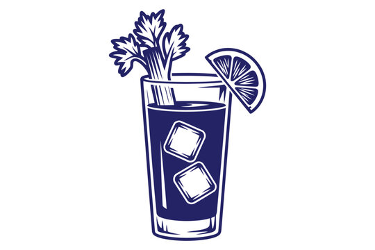 Tall glass of blue celery drink with ice cubes and lemon wedge monochrome