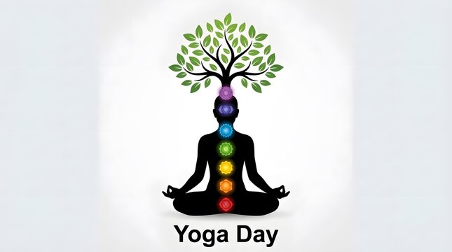 International yoga day silhouette of meditating person with chakra alignment and tree of life