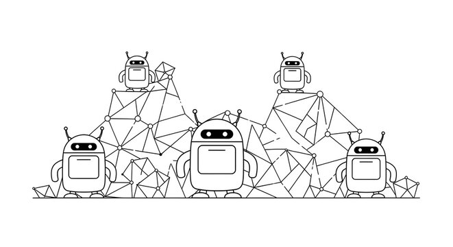 Cute Robots on Geometric Low-Poly Mountains, Artificial Intelligence Concept Vector Line Art Illustration for Coloring Book