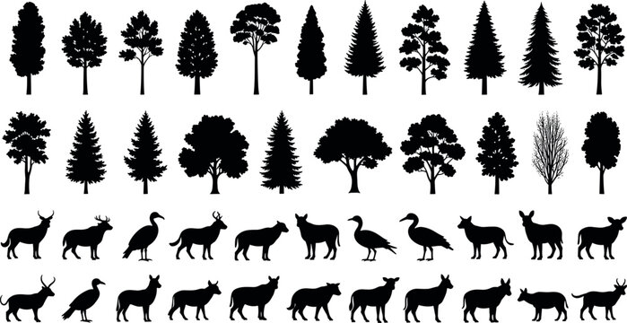 Black silhouette collection of coniferous and deciduous trees with deer, birds, and quadruped animals arranged in rows for illustration
