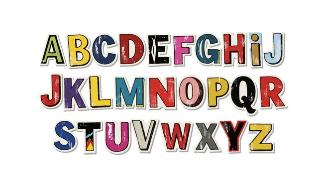 Multicolored collage font displaying anonymous bright uppercase characters handpicked from glossy magazine clippings for a creative ransom note alphabet typography composition.