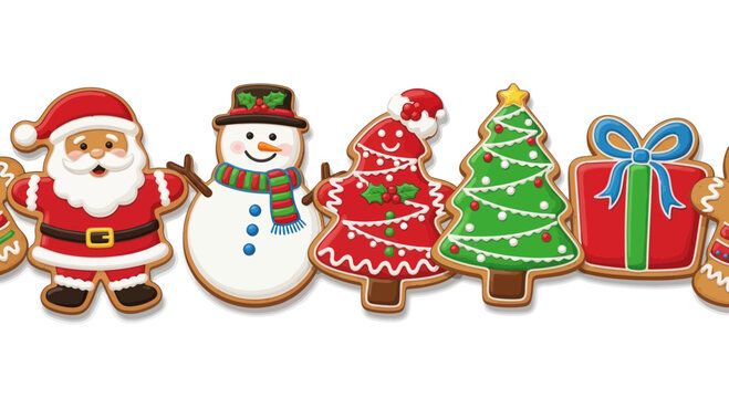 Christmas gingerbread cookies border: Santa, snowman, tree, gift, festive