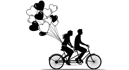 Obraz premium Couple Riding Tandem Bicycle with Heart Balloons Silhouette