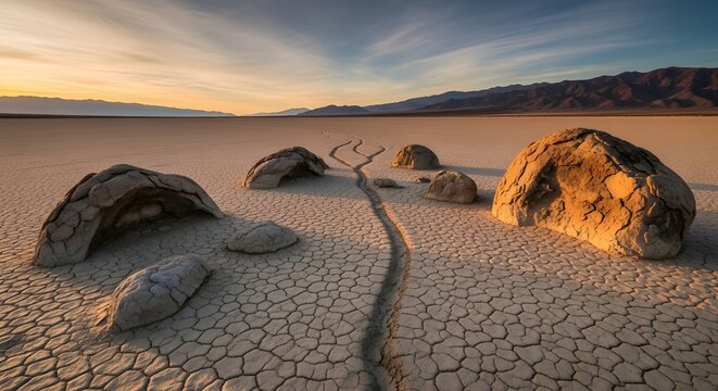 Desert landscape with cracked mud and distant mountains at sunset