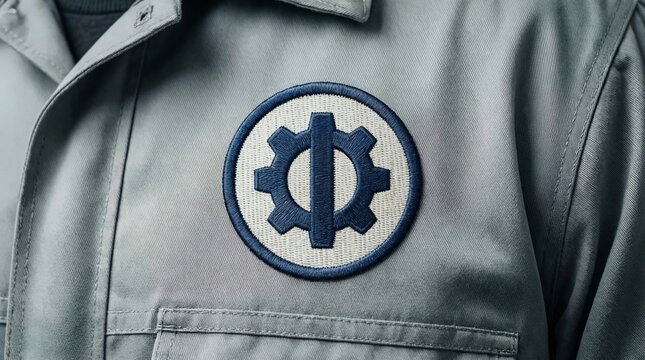 Close-up of gray jacket with gear patch