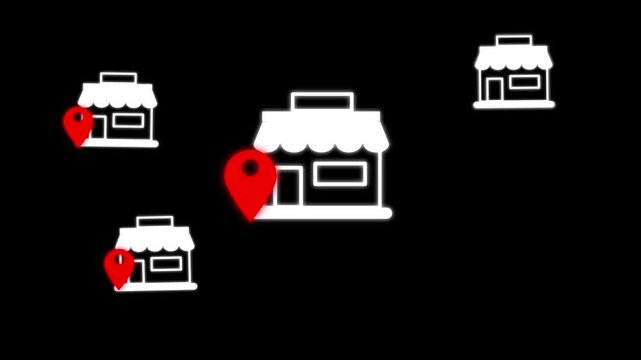 Animated store icons with red markers indicate locations around the main store. The icons show retail spaces with roofs and windows.