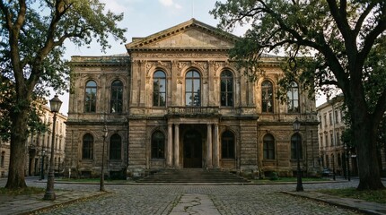 Obraz premium Historic stone building with arched entrance and columns in urban park setting