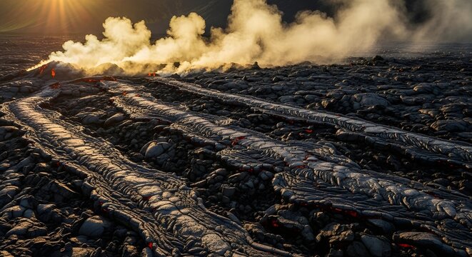 Dramatic Aerial View of Molten Lava Field and Steam
