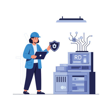 Technician in blue cap and jacket holds tablet and shield near computer server with rd label in a modern data center with blue tones