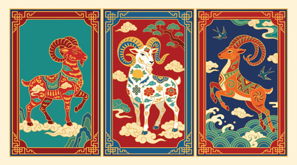 Ornate goat illustrations decorate three traditional panels celebrating the lunar new year. © hadi