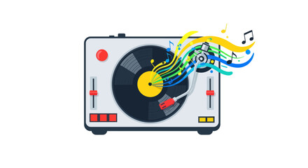 Fototapeta premium Dj Turntable Playing Music with Colorful Sound Waves and Notes