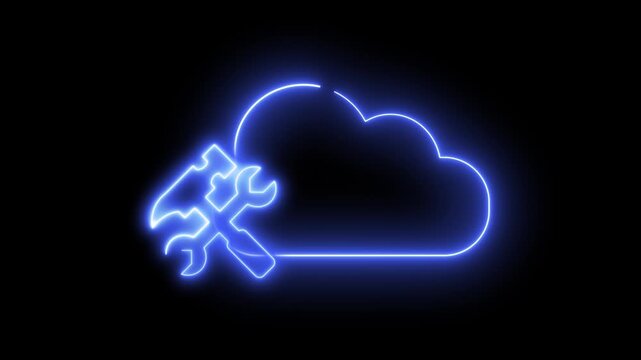Neon light effect animation of a cloud icon with crosshairs, suggesting digital maintenance. The icon symbolizes cloud computing, technical support, or data management.