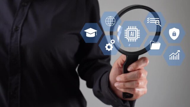 Close-up of a woman's hand with a magnifying glass analyzing an animation of icons related to studying and analyzing data for artificial intelligence.