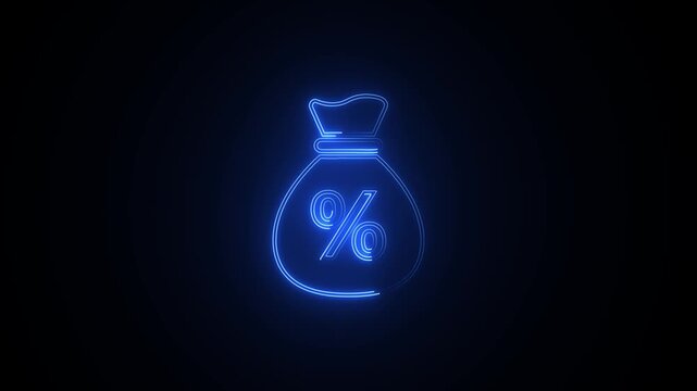 Blue neon glowing money bag with percent sign on dark