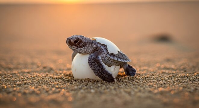 Baby sea turtle emerging from egg on sandy beach at sunset