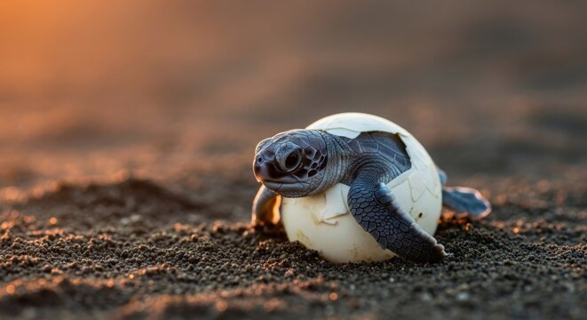 Baby sea turtle emerging from egg sunlight natural environment