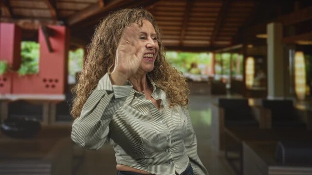 Middle age hispanic woman waving bare hand in a building lobby, smiling in a striped shirt while turning to greet; friendly greeting.