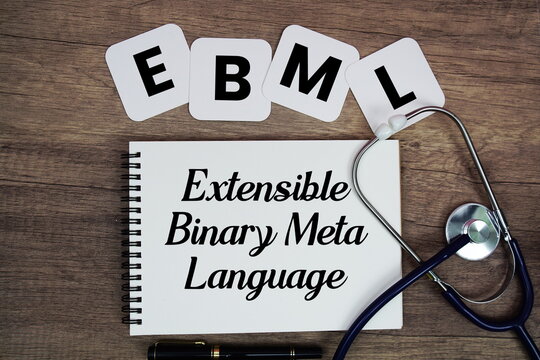 EBML Extensible Binary Meta Language text written on notepad with stethoscope on wooden background