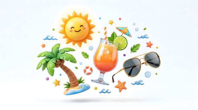 Playful 3D Summer Holiday Icons: Smiling Sun, Palm Tree, Cocktail, Sunglasses. Cheerful Vacation Elements