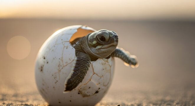 Baby turtle hatching from egg on a beach natural wildlife scene closeup