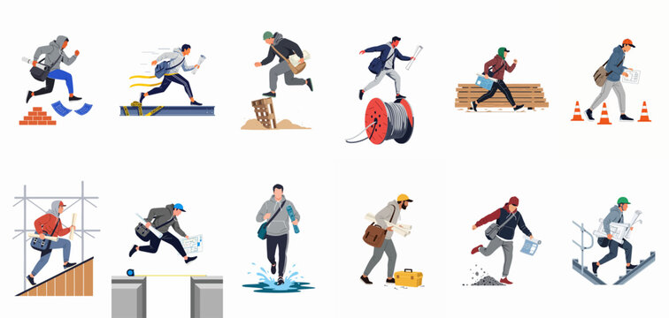 Collection of architects and construction workers navigating various site obstacles with blueprints and tools in a flat vector style.